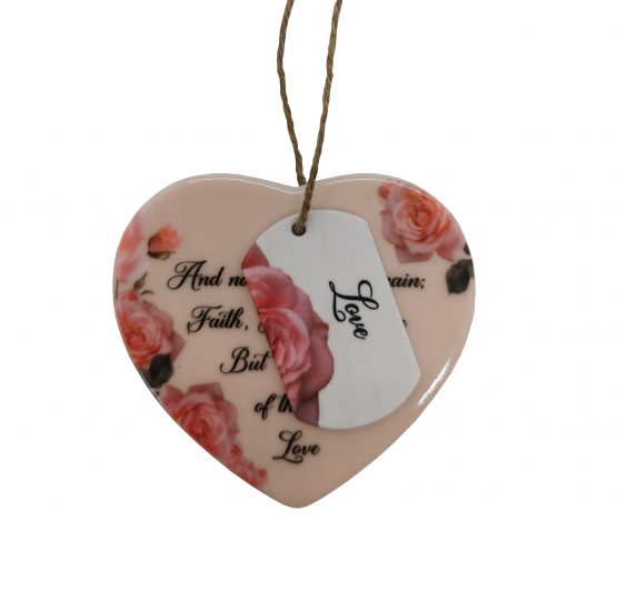 back of love hanging decoration with tag